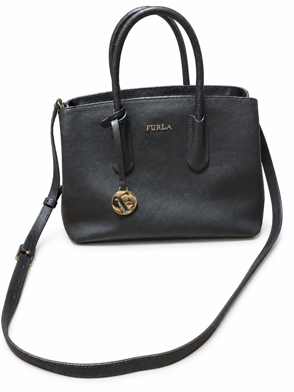 Furla Black Leather Satchel with Gold Charm
